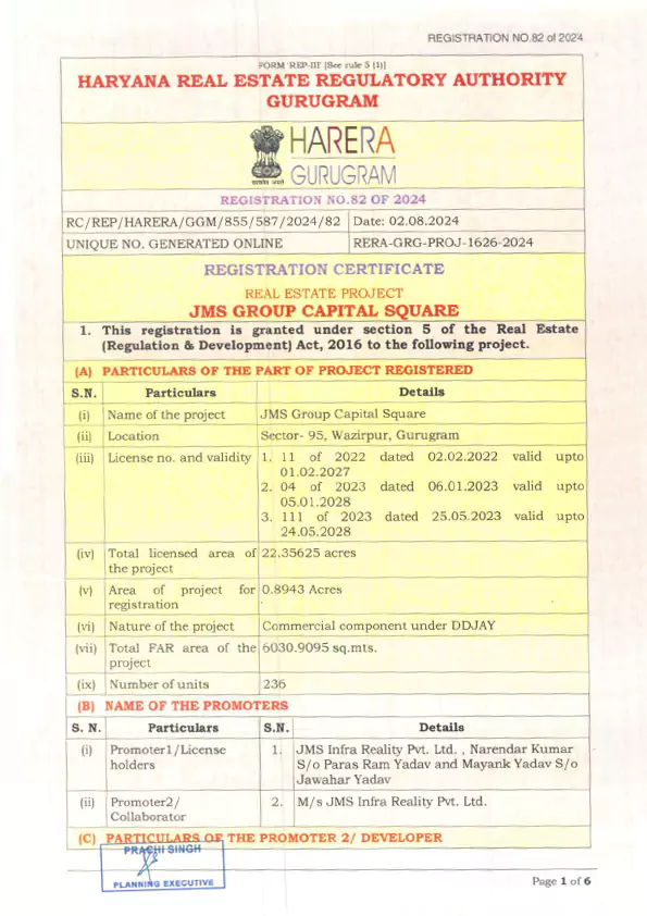 JMS Group Capital Square Rera Certificate